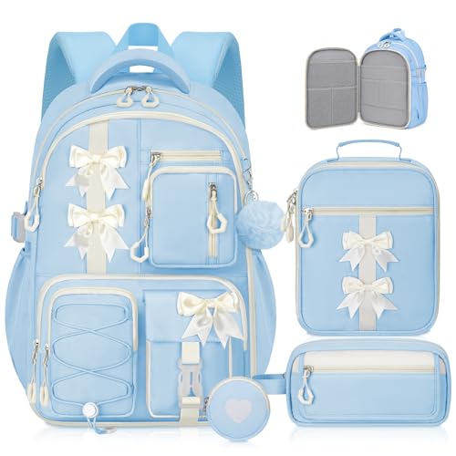 Girls Backpack with Lunch Box Set, 4 PCS Cute Kawaii School Bookbag for Elementary Girls, Blue Aesthetic Large Laptop Backpack for Kids & Teens - color: Blue