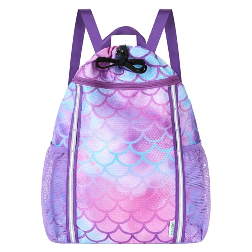 WAWSAM Kids Gym Drawstring Backpack String Bag, Mermaid Sports Gym Bag for Kids Girls Waterproof Swimming Beach String Cinch Backpack with Two Water Bottle Pocket - color: Mermaid
