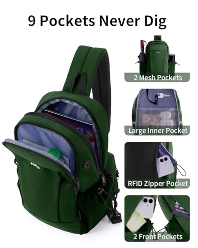 ECOHUB Anti-Theft Crossbody Bag Men Women, RFID Blocking Lightweight Sling Backpack Eco-Friendly with 9 Pockets Sturdy SBS Zippers Water Resistant for Travel Work Hiking Outdoor, Army Green - color: Army Green