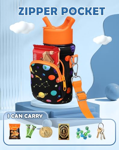 Miss Adola Water Bottle Carrier with Strap - Insulated Kids Water Bottle Holder for Boys Girls Bottle Bag for 10-18Oz - color: Orange Planet