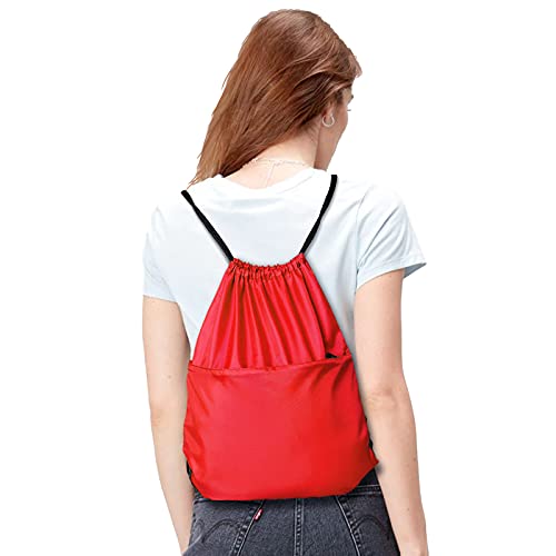 Drawstring Backpack Sports Water Resistant String Bag Sport Gym Sackpack for Women Men Large with Zipper, Red - color: Red