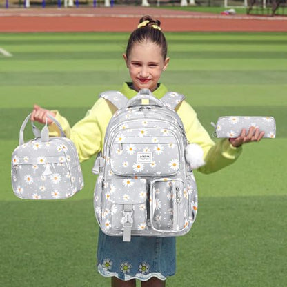 ACESAK Backpack for Girls - Girls Backpack with Lunch Bag & Pencil Pouch for Teen Kids Laptop Backpack for Women, Elementary Middle High School Bookbag Travel Daypack (Gray Daisy) - color: Gray Daisy