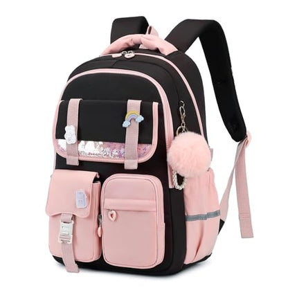 MUSEVOS Girls Backpack, Kids Backpack for Girls, School Bookbag for Teens Age 6-15, Large Capacity Water Resistant Backpack for Elementary to High School, Cute Travel Daypack, Black Pink - color: Black Pink