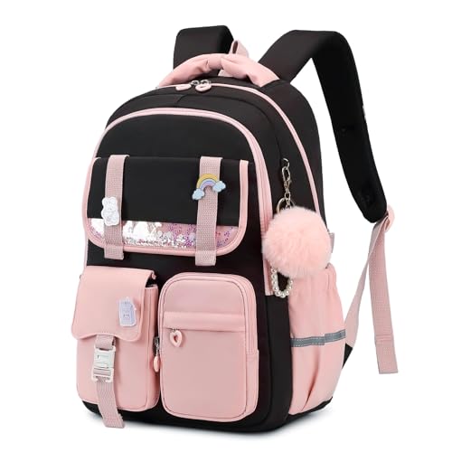 MUSEVOS Girls Backpack, Kids Backpack for Girls, School Bookbag for Teens Age 6-15, Large Capacity Water Resistant Backpack for Elementary to High School, Cute Travel Daypack, Black Pink - color: Black Pink