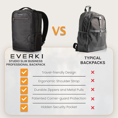 EVERKI Studio 14L Slim Laptop Backpack – Lightweight Business Travel Backpack for Men & Women with Padded Laptop Compartment, Corner Protection, Professional Backpack, Fits Laptops up to 15" – Black - size: 14 Liters