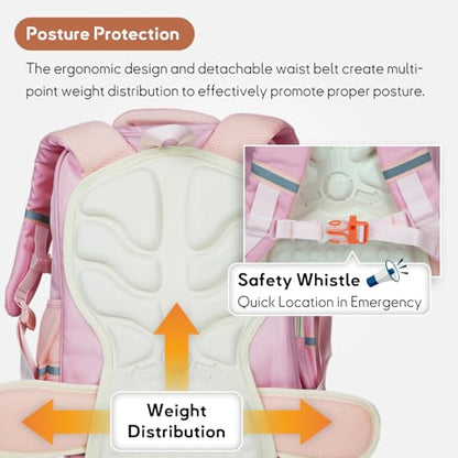 Kids Backpack for Kids, Lightweight Waterproof Pink White Backpack for School, Kindergarten Elementary School Students Boys & Girls Backpack with Safety Whistle and Includes a Detachable Waist Belt - color: Pink