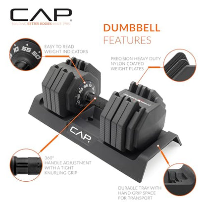 CAP ADJUSTABELL Adjustable Dumbbell Weights - Singles & Pairs | 12.5 lb, 25 lb & 55 lb | Multiple Handle Options - size: 55 lb - Black Handle, style: Single