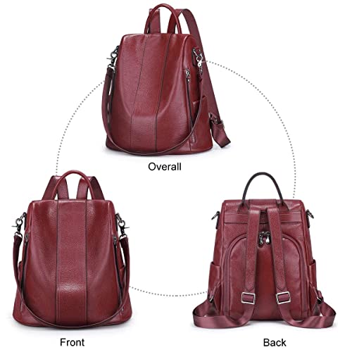 S-ZONE Leather Backpack Purses for Women Antitheft Rucksack Shoulder Bag Medium - color: Wine Red