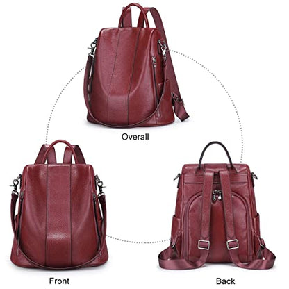 S-ZONE Leather Backpack Purses for Women Antitheft Rucksack Shoulder Bag Medium - color: Wine Red