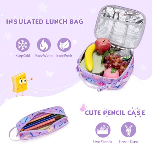 Toddler Backpack for Girls Ages 5-8, 3PCS Girls Backpack with Lunch Bag & Pencil Case - 15inch Kids School Bookbag for Preschool Kindergarten Elementary School (Purple Butterfly) - color: Purple Butterfly