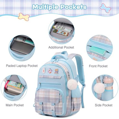 FIXITOK 3PCS School Backpack for Girls, Girls Backpack with Lunch Box, Pencil Case, Cute Kawaii Plaid Book Bag for Teen Girl Kindergarten Elementary Preschool Middle High School, Blue - color: Blue