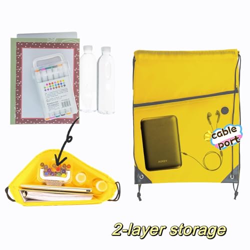 CODOBON Lightweight Drawstring Backpack – Foldable with 2 Compartments & Zip Pocket | Cable Port for Easy Access | Eco-Friendly for Gym, Travel, Everyday Use (20L, Yellow) - color: Yellow