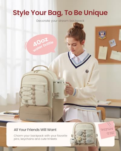 LOVEVOOK School Backpack for Teen Girls, Unique Style College Student Backpacks with Large Cup Holder, Cute Kid Bookbag with Pens Compartment, Large Capacity Back to School Backpack Fit 15.6'' Laptop - color: Khaki Beige, size: Medium