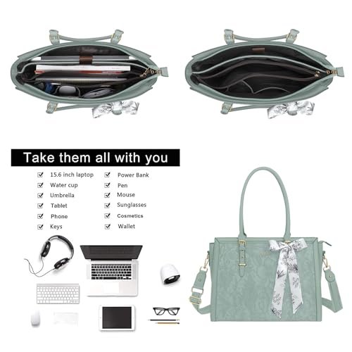 MOSISO Laptop Bag for Women, 15.6-16 inch PU Leather Tote Bag Compatible with MacBook, HP, Dell, Asus Notebook, Front Embossed Retro Hibiscus Computer Bags with Silk Scarf&Clutch Purse, Antique Green - color: Antique Green, size: 16 inch