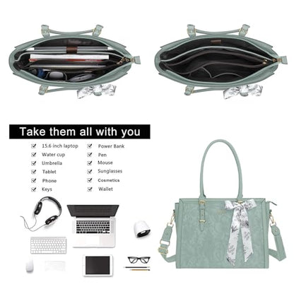 MOSISO Laptop Bag for Women, 17-17.3 inch PU Leather Tote Bag Compatible with MacBook, HP, Dell, Asus Notebook, Front Embossed Retro Hibiscus Computer Bags with Silk Scarf&Clutch Purse, Antique Green - color: Antique Green, size: 17.3 inch