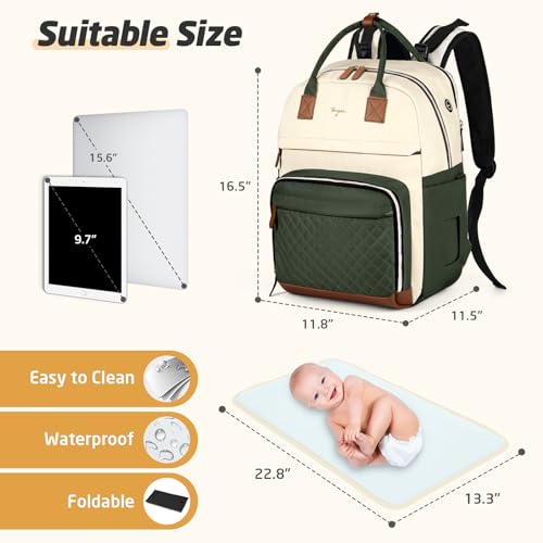 Diaper Bag Backpack - Extra Large Diaper Bag for 2 Kids Twin, Travel Baby Bags for Mom Dad 25-37L Expandable with Changing Pad Earphone Hole, Apricot Green - color: Green & Apricot