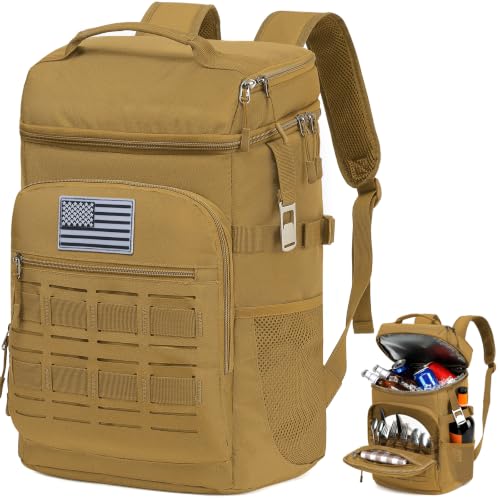 Tactical Cooler Backpack for Men, Double Deck Insulated Cooler Bag 40 Cans, Soft Lunch Backpack with 16H Ice Retention Waterproof Leakproof Picnic Backpack for Work Beach Camping BBQ Hiking - color: Brown