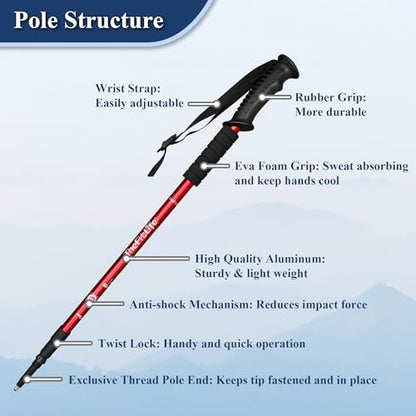 TheFitLife Nordic Walking Trekking Poles - 2 Sticks with Anti-Shock and Quick Lock System, Telescopic, Collapsible, Ultralight for Hiking, Camping, Mountaining, Backpacking, Walking, Trekking - color: Red