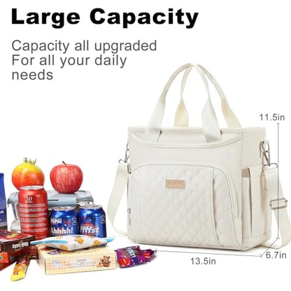 AIJIEKE Large Insulated Lunch Bag for Men Women, Leakproof Work Lunch Box | Keeps food fresh 8-12 hours. Spacious multi-pocket design with a removable strap. Water-resistant and easy-wipe interior - color: Beige