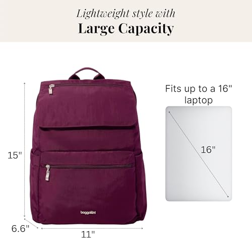 Baggallini Flap Laptop Backpack - 15"x11" Lightweight Work Travel Bag w/Luggage Sleeve & RFID - color: Mulberry
