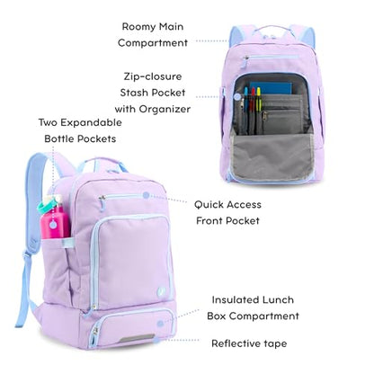 J World New York 2-in-1 Insulated Backpack Lunch Box for Kids. Adult School Bookbag, Purple, 17 x 13 x 9 Inches - color: Purple