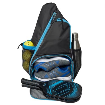 Pickleball Sling Bag with Shoe Compartment - Crossbody Backpack Fits 2 Paddles, 32oz Bottle & Fence Hook, Sports Bag for Men & Women (Shoe Limit: up to US Men's 10 / Women's 11.5) - color: Grey/Blue