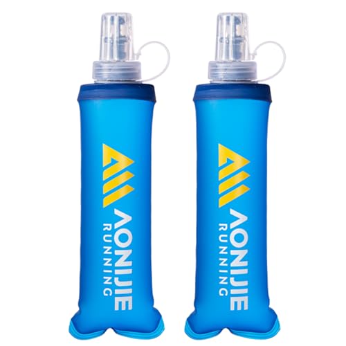 Azarxis TPU Soft Flask Collapsible Water Bottle Running Folding Gel Water Reservoir Handheld for Hydration Pack Hiking Cycling Climbing Jogging Marathon Trail Race - color: #01 Blue - 250 ml - 2-pack