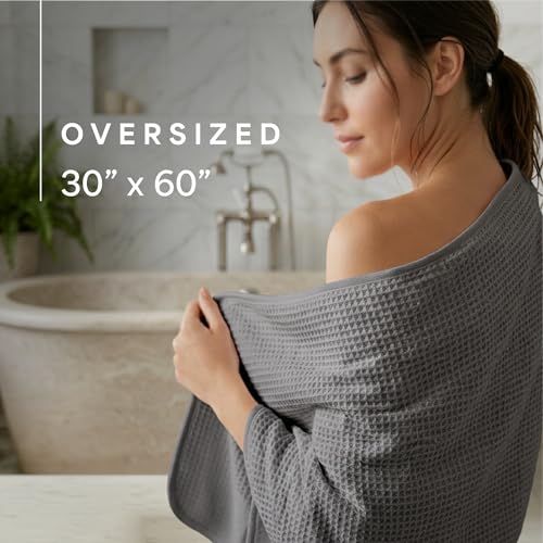 S&T INC. Aura Microfiber Waffle Bath Towels, 4 Pack, Quick-Dry, Ultra Absorbent, Lightweight Towels for Bathroom, 30 inches x 60 inches, 420GSM, Grey - color: Grey