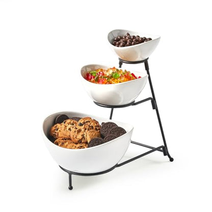 LYEOBOH 3 Tier Serving Bowls Set with Collapsible Thicker Metal Stand, Oval Serving Dishes for Entertaining Tiered Serving Stand for Fruit, Dessert, Candy, Chip and Dip (Black) - color: Black, style: Oval bowls