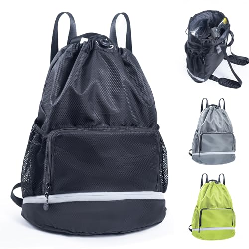 Swim Beach Sports Drawstring Backpack - Gym Bag with Shoes Compartment and Waterproof Pocket for Gym Accessories, Swim Essentials - Kids Mens Beach Workout Bag - color: Medium Black, style: Style B
