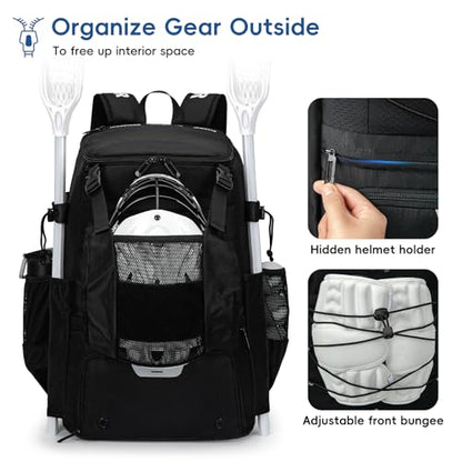 KAVIGOR Lacrosse Bag 65L, Extra Large Lacrosse Gear Backpack with Multi-Pocket Design, Helmet Holder & Ventilated Shoe Compartment - color: Black