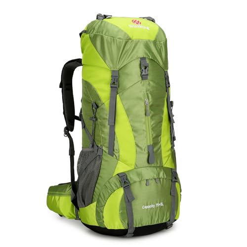 Hiking Backpack for Men and Women 70L+5L Waterproof Lightweight Camping Daypack with Rain Cover for Outdoor Travel Mountaineering - Frameless (Green) - color: Green