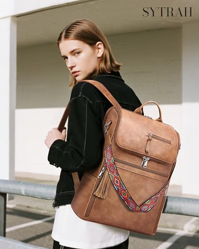 SYTRAH Leather Laptop Backpack for Women Designer Laptop Bag, 16.5 inch Travel Computer Backpacks Purse with Tassel for Work Business with Satchel Purse Brown - color: Brown