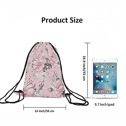 Pink Floral Print Polyester Drawstring Backpack, Unisex, 14x16.9 Inch, Modern Style, Soft Shell, Rectangular Shape, Shoulder Strap, Waterproof, Perfect for Travel, Work, School, Gym - color: Multi-a94