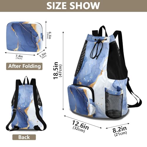 Drawstring Bags For Men Women Pool Bag With Inside Pockets String Bag Wet and Dry Separation Blue White Marble - color: Color 13