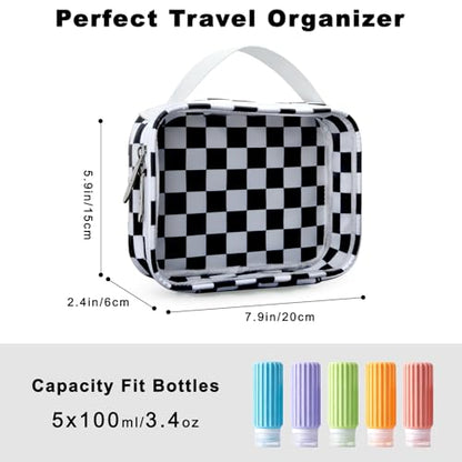 Travel Toiletry Bag Clear Makeup Bags Portable Compact Cosmetic Pouch Makeup Organizer for Women, Skincare Bag with Handle(Black White Checkerboard)