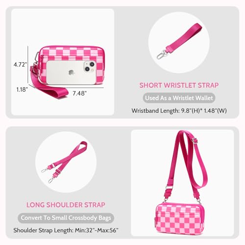 FODOKO Wristlet wallets for women Nylon Quilted Wallet with 4 Zippers,Travel Credit Card,Holder Cell Phone Organizer - color: Rose Red