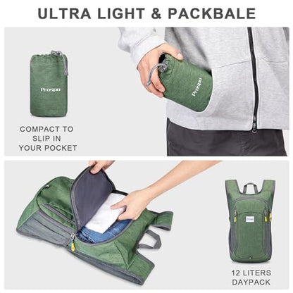 Prospo 12L Hiking Backpack Small Lightweight Travel Backpack for Women Men Casual Foldable Shoulder Bag - color: Green