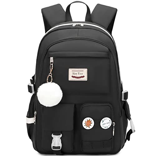 Hey Yoo School Backpack for Girls Backpack with Lunch Box Teen Girl Backpack Set Cute School Bag Bookbag for Teen Girls (Black) - color: Black