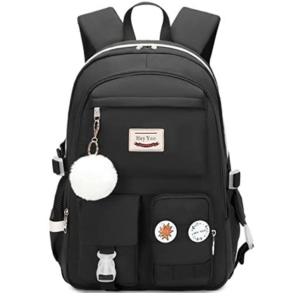 Hey Yoo School Backpack for Girls Backpack with Lunch Box Teen Girl Backpack Set Cute School Bag Bookbag for Teen Girls (Black) - color: Black