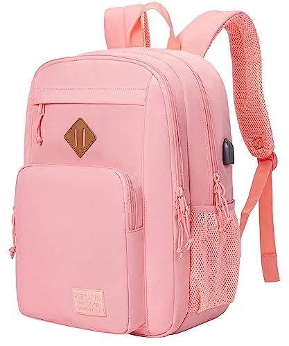 KEOFID Classic Travel backpack for Men and Women, Anti Theft Laptop Backpack with USB Charging Port for Work, Large Bag for College, Water Resistent(Bright Pink) - color: Pink, size: 17.3Inches