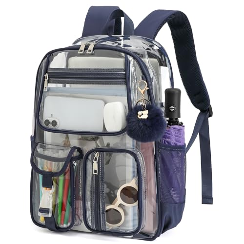 Clear Backpacks for Girls Boys, Heavy Duty PVC Transparent School Bookbag See Through Back Pack for College Work Travel (Navy Blue) - color: Navy Blue