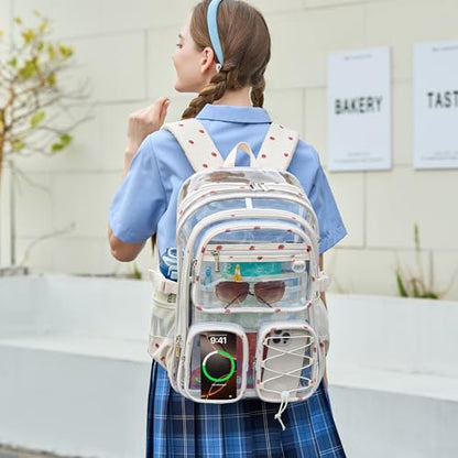 Hidds Clear Backpack for Girls Women Transparent Heavy Duty Bookbag Kids See Through Bag College Backpacks School (Beige Strawberry) - color: Beige Strawberry