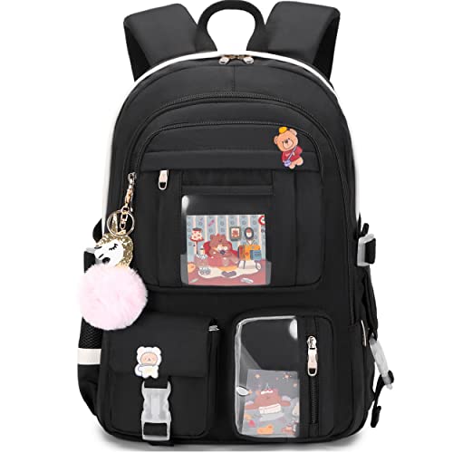 Backpack for Girls with Accessories Laptop Bookbags 16 Inch Kawaii Kids Elementary Middle High School Bag College Travel Daypack Gifts for Teens Women Students (Black) - color: Black