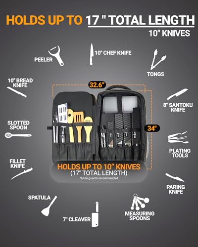 Chef Knife Backpack TRAVELLER - Patented Knife Retention Panels with Hook-and-Loop, Water Resistant 900D Polyester Canvas, YKK Zippers, Work Bag for Chefs & Culinary Students (Black)