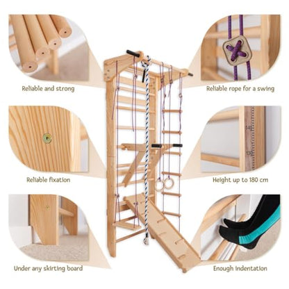 Swedish Ladder Wall Bars with Pull-Up Bar for Kids & Adults – Wooden Stall Bars Home Gym with Gymnastic Rings, Slide, Swing, Climbing Rope & Rope Ladder