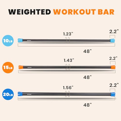 LIONSCOOL Workout Weighted Bar,Padded Exercise Weight Bar, Solid Steel Stretching weighted bar set for Body Sculpting, Physical Therapy,Body Toning - size: Set of 3 - 10LB, 15LB and 20LB