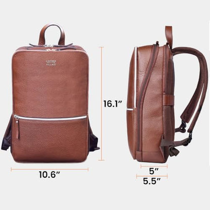 LEATHER VILLAGE Leather Laptop Backpack for Men with Trolley Strap 16L Slim - color: Cognac