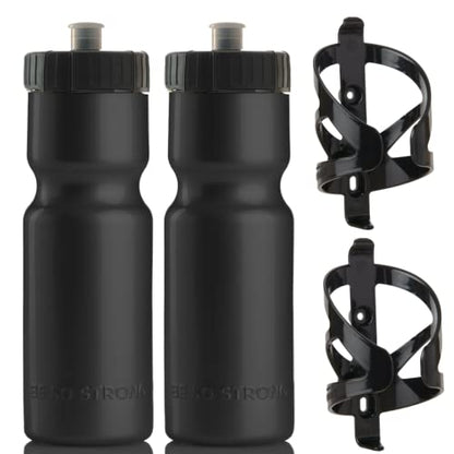 Bike Water Bottle Holder & Bottle Combo – 2-Pack 22 oz Sports Squeeze Bottles with Pull Top Cap & Easy-Install Bike Cage – Made in USA – 50 Strong Brand - color: Black Bottle + Cage