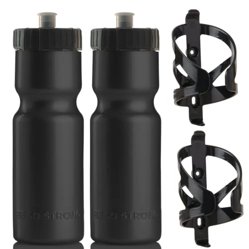 Bike Water Bottle Holder & Bottle Combo – 2-Pack 22 oz Sports Squeeze Bottles with Pull Top Cap & Easy-Install Bike Cage – Made in USA – 50 Strong Brand - color: Black Bottle + Cage